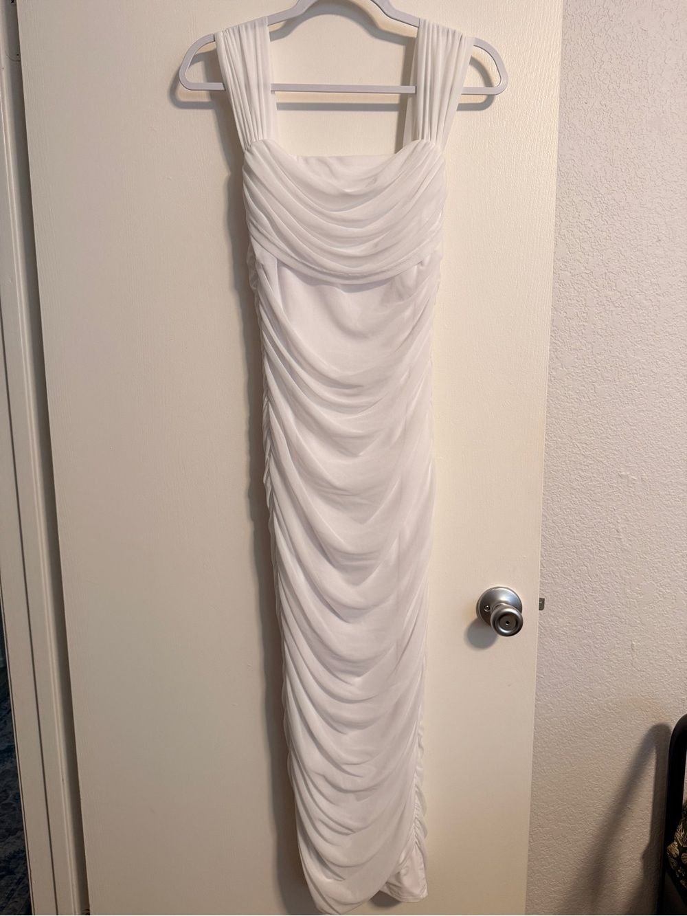 White Ruched Midi Dress with Wide Straps